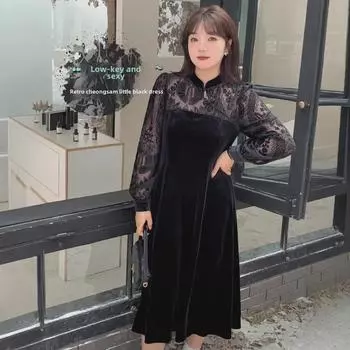 Женское зимнее платье из бархата в стиле ретро больших размеров - элегантный дизайн в китайском стиле 3XL чёрный