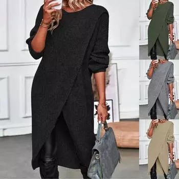 Женское зимнее платье с неровным разрезом по низу, трикотажное свободное толстое теплое платье-свитер средней длины с длинным рукавом S чёрный
