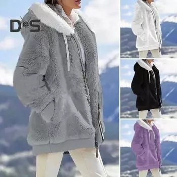 Женское зимнее плюшевое пальто с капюшоном, застежкой-молнией на шнурке, свободная ветрозащитная утолщенная куртка с боковыми карманами, повседневная верхняя одежда для путешествий в холодную погоду M фиолетовый