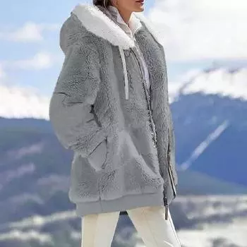 Женское зимнее плюшевое пальто с капюшоном, застежкой-молнией на шнурке, свободная ветрозащитная утолщенная куртка с боковыми карманами, повседневная верхняя одежда для путешествий в холодную погоду M синий