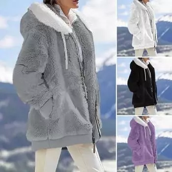 Женское зимнее плюшевое пальто с капюшоном, застежкой-молнией на шнурке, свободная ветрозащитная утолщенная куртка с боковыми карманами, повседневная верхняя одежда для путешествий в холодную погоду M белый