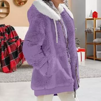 Женское зимнее плюшевое пальто с капюшоном, застежкой-молнией на шнурке, свободная ветрозащитная утолщенная куртка с боковыми карманами, повседневная верхняя одежда для путешествий в холодную погоду M светло-серый