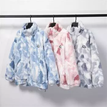 Женское зимнее плюшевое пальто с карманом на молнии и длинными рукавами тай-дай Женская плюшевая куртка M синий