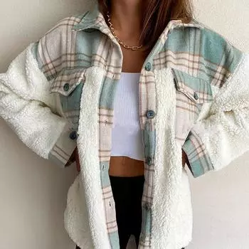 Женское зимнее повседневное модное классическое пальто из овечьей шерсти с длинным рукавом в клетку S зелёный