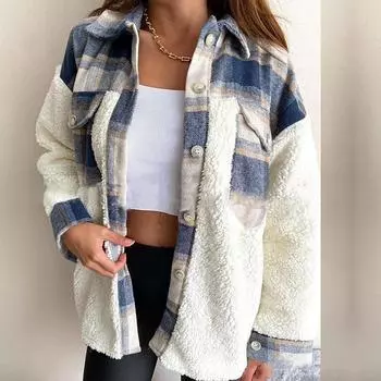 Женское зимнее повседневное модное классическое пальто из овечьей шерсти с длинным рукавом в клетку S синий