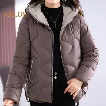 Женское зимнее пуховое пальто с подкладкой, ветрозащитное, с капюшоном, длинными рукавами, свободное, утолщенное, с карманами, однотонное, с защитой шеи, застегивающееся на молнию, уличное хлопковое пальто M шампанского