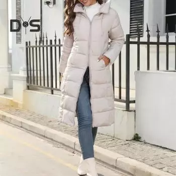 Женское зимнее пуховое пальто с толстой подкладкой и капюшоном, защита шеи, длинный стиль, сплошной цвет, гладкие карманы, застежка-молния на шнурке, женская хлопковая куртка M чёрный