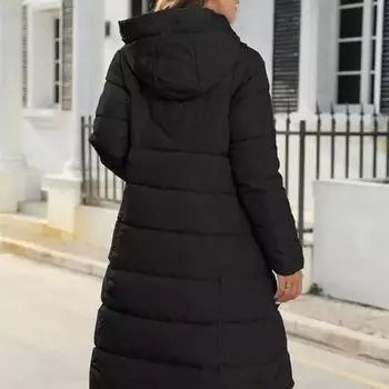 Женское зимнее пуховое пальто с толстой подкладкой и капюшоном, защита шеи, длинный стиль, сплошной цвет, гладкие карманы, застежка-молния на шнурке, женская хлопковая куртка M