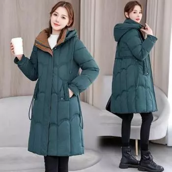 Женское зимнее пуховое пальто с утолщенным капюшоном, карманами, застежкой-молнией, длиной до колена, ветрозащитное, сохраняющее тепло, повседневная верхняя одежда для холодной погоды, хлопковая куртка L зелёный