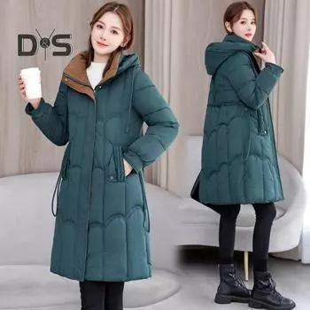 Женское зимнее пуховое пальто с утолщенным капюшоном, карманами, застежкой-молнией, длиной до колена, ветрозащитное, сохраняющее тепло, повседневная верхняя одежда для холодной погоды, хлопковая куртка L зелёный