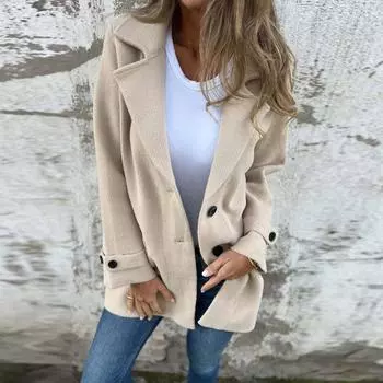 Женское зимнее шерстяное пальто, повседневный свободный кардиган с лацканами и карманами-обманками на пуговицах L бежевый