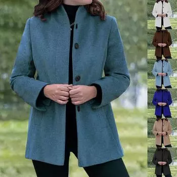 Женское зимнее шерстяное пальто с длинным рукавом, повседневный приталенный кардиган с лацканами и карманами-обманками на пуговицах L чёрный