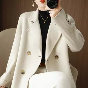 Женское зимнее шерстяное пальто с длинным рукавом, повседневный приталенный кардиган с пуговицами и лацканами XL белый