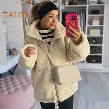 Женское зимнее шерстяное пальто с отложным воротником и карманами, свободная однотонная термозастежка-молния с длинными рукавами, куртка для школы, свиданий, поездок на работу M света кофе