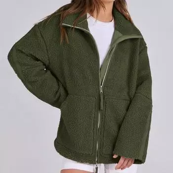 Женское зимнее шерстяное пальто с отложным воротником и карманами, свободная однотонная термозастежка-молния с длинными рукавами, куртка для школы, свиданий, поездок на работу L армия зеленый