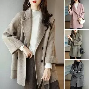 Женское зимнее шерстяное пальто в деловом стиле с отложным воротником, двубортное пальто средней длины OL M коричневый