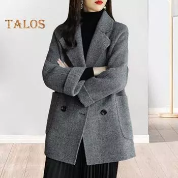 Женское зимнее шерстяное пальто в деловом стиле с отложным воротником, двубортное пальто средней длины, куртка для поездок на работу, однотонная плотная верхняя одежда M коричневый