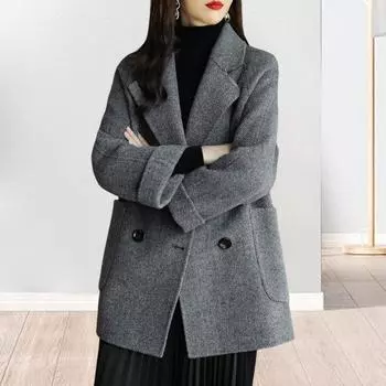 Женское зимнее шерстяное пальто в деловом стиле с отложным воротником, двубортное пальто средней длины OL M коричневый