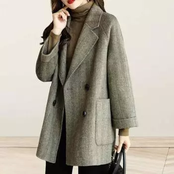 Женское зимнее шерстяное пальто в деловом стиле с отложным воротником, двубортное пальто средней длины, куртка для поездок на работу, однотонная плотная верхняя одежда M коричневый