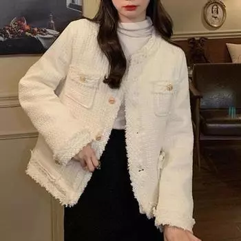 Женское зимнее сплошное пальто с круглым вырезом, повседневное короткое пальто с длинным рукавом S бежевый