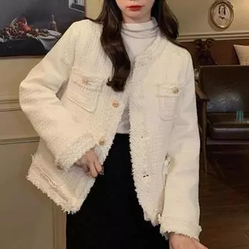 Женское зимнее сплошное пальто с круглым вырезом, повседневное короткое пальто с длинным рукавом S бежевый