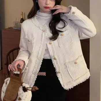 Женское зимнее сплошное пальто с круглым вырезом, повседневное короткое пальто с длинным рукавом S бежевый