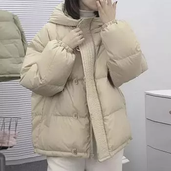 Женское зимнее свободное пальто с капюшоном, повседневное толстое белое пальто на утином пуху, шикарное теплое пальто на пуговицах L бежевый