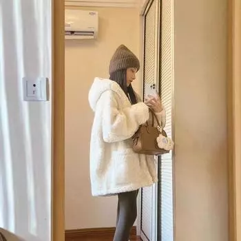 Женское зимнее свободное пальто с капюшоном из овечьей шерсти с золотым ветром и хлопковой подкладкой, утолщенное пуховое пальто для молодежи S 80-55kg