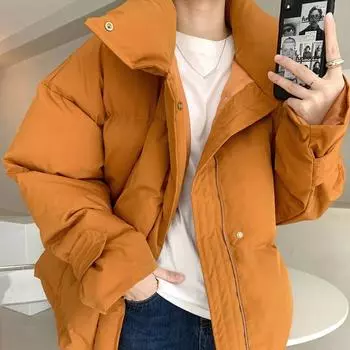 Женское зимнее свободное пальто с воротником-стойкой, сплошное цветное свободное пальто с длинными рукавами, универсальная шикарная теплая куртка M оранжевый