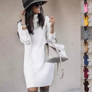 Женское зимнее свободное платье-свитер, платье длиной до колена, женское осеннее водолазка с длинным рукавом, теплое трикотажное повседневное платье-свитер XXXL