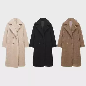 Женское зимнее теплое двубортное длинное пальто из овчины в европейском и американском стиле (1255700) XS бежевый