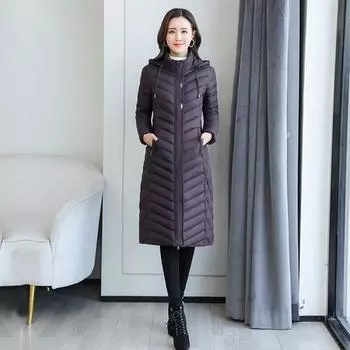 Женское зимнее теплое хлопковое пальто большого размера, тонкая длинная верхняя одежда с капюшоном XL фиолетовый