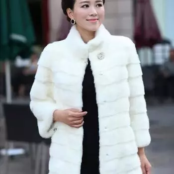 Женское зимнее теплое искусственное меховое пальто с воротником-стойкой, длинное пальто из искусственного меха кролика с рукавами 7 точек S белый
