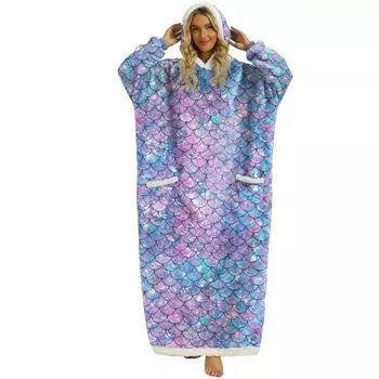 Женское зимнее теплое одеяло с разноцветным принтом рыбьей чешуи, повседневный халат с капюшоном, длинная домашняя одежда с карманами
