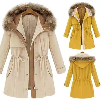 Женское зимнее теплое однотонное повседневное пальто с завязками на талии, куртка с капюшоном, верхняя одежда XL жёлтый