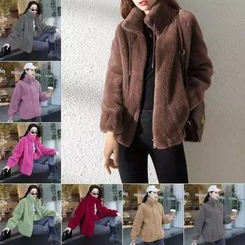 Женское зимнее теплое пальто из двойного кораллового флиса с воротником-стойкой, плюшевое толстое пальто, женская модная повседневная одежда с длинным рукавом на молнии M бордовый