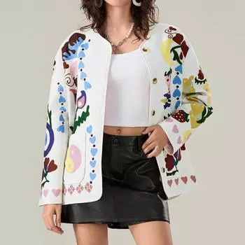 Женское зимнее теплое пальто с принтом растений, застегивающееся на пуговицы, с круглым вырезом и длинными рукавами, модная повседневная верхняя одежда с карманами S чёрный