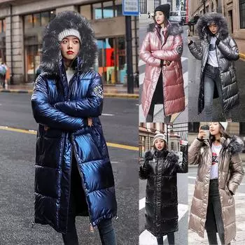 Женское зимнее толстое теплое свободное ветрозащитное длинное пальто с яркой поверхностью и бриллиантами XXL