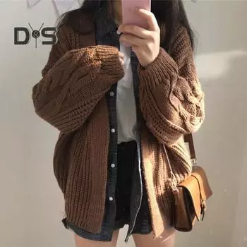 Женское зимнее вязаное пальто, свитер, кардиган, плотный однотонный длинный витой рукав, мягкая эластичная свободная теплая женская куртка одного размера жёлтый