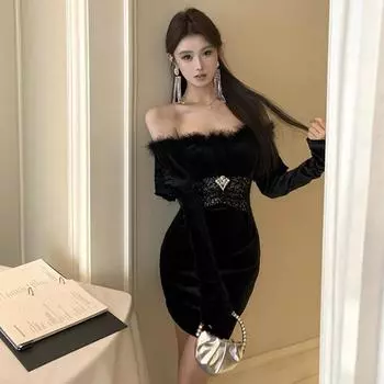 Женское знаменитое пышное сращивающееся облегающее бархатное платье прилив S чёрный