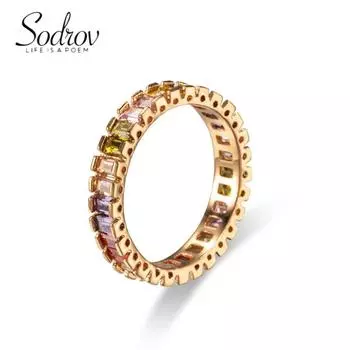Женское золотое кольцо SODROV с радугой и разноцветными кристаллами и цирконием 6 разноцветный