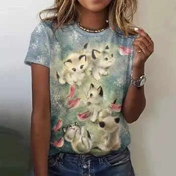 Женственная мода 3D принт милый животный принт женственная летняя футболка повседневная свободная XXS