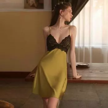 Женственная пижама, глубокий V-образный вырез, частное кружево, вырез, накладки на грудь с открытой спиной, ночная рубашка на подтяжках, комплект домашней одежды M