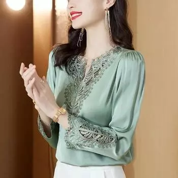 Женственная рубашка с вышивкой, весна-осень 2023, новая модная тяжелая женская блузка из искусственного шелкового шелка с v-образным вырезом и v-образным вырезом M светло-зеленый