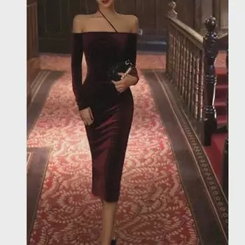 Женственное платье на одно плечо из бордового бархата - элегантная ретро-юбка для вечеринок и банкетов Small