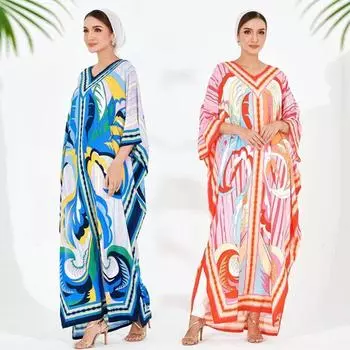 Женственное платье в стиле бохо на Ближнем Востоке, праздничное индонезийское мусульманское платье, модный принт, повседневные рукава «летучая мышь», большая юбка-качели, свободное элегантное платье Free size