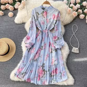 Женственное супер-фея, французское шифоновое плиссированное платье с воротником-стойкой и рюшами и цветочным принтом, элегантное темпераментное длинное платье с большими качелями One Size синий