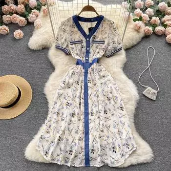 Женственное темпераментное длинное платье RUGOD, супер фея с v-образным вырезом, облегающее однобортное модное платье с цветочным принтом M бежевый