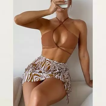 Женственные бикини, комплект из 3 частей, женский купальник с эффектом пуш-ап, новинка 2023 года, женские купальники с разрезом, сексуальные женские купальные костюмы S кофейный