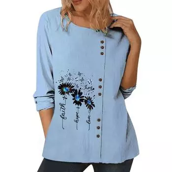 Женственный синий хлопковый топ для женщин с цветочным узором, длинными рукавами и украшением на пуговицах S